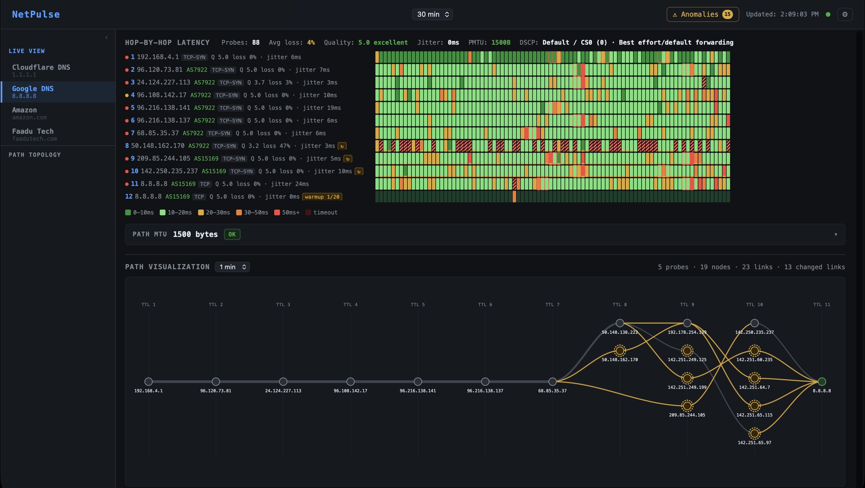 NetPulse main dashboard  KPI strip, hop-by-hop timeline, anomaly panel, and path topology view